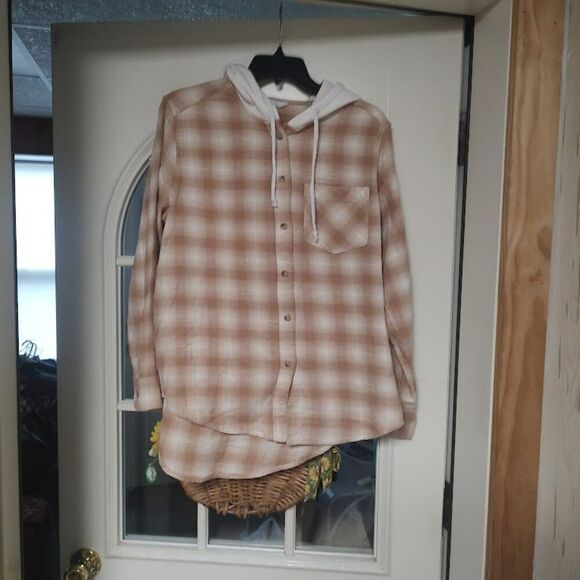 New Time And Tru Beige Plaid Relaxed Fit Drop Shoulder Hooded Flannel Women's M - Picture 1 of 3